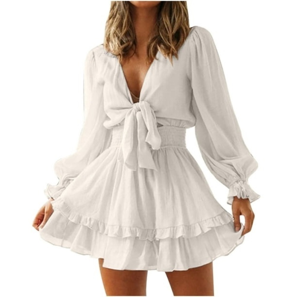 Casual Deep V Neck Puff Long Sleeve High Waisted Ruffle A Line Swing Mini Dress